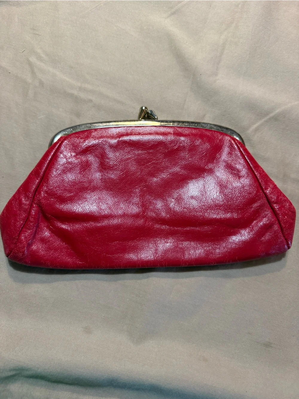 Vintage Red Leather Kiss-Lock Clutch With Chain